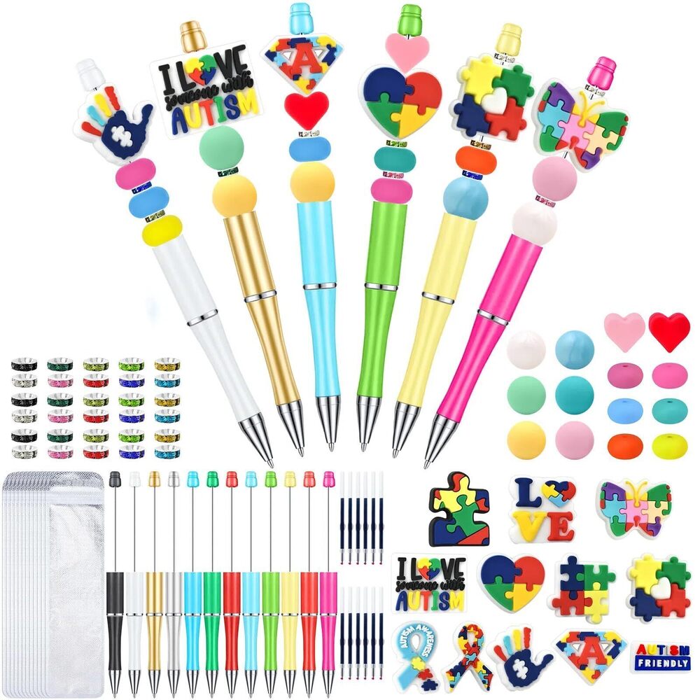 3873 12 Pieces Autism Beadable Pens Bulk with Colorful Silicone Beads